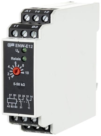 Relais électronique ENW-E12 avec plusieurs bornes de connexion, échelle de 5-50 kΩ et indicateur LED, boîtier blanc.