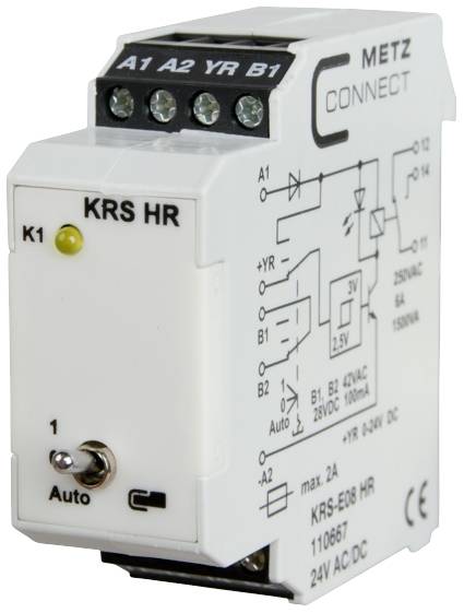 Relais KRS HR de METZ CONNECT, montre le schéma de câblage et les spécifications techniques. Max. 2A, 250VAC, 24V AC/DC.