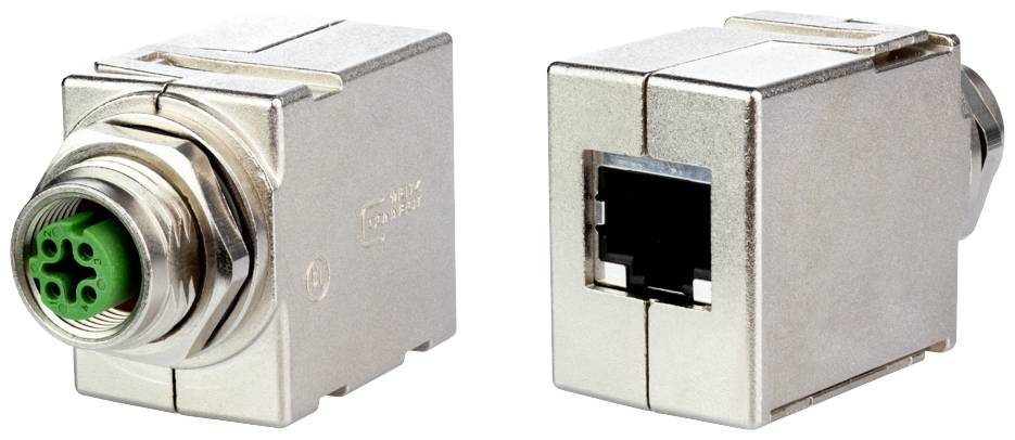 Deux connecteurs métalliques : à gauche, une fiche industrielle ronde avec un insert vert, à droite, un connecteur RJ45 rectangulaire.