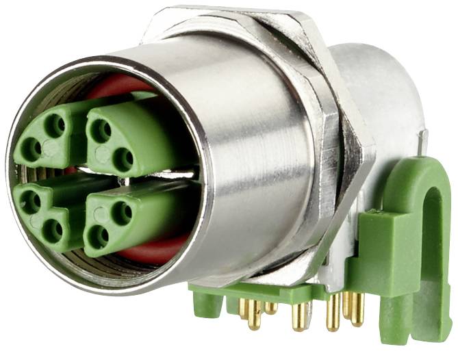 Un couvercle métallique rond avec quatre câbles verts dans un boîtier en plastique vert et des broches de connexion dorées en dessous.