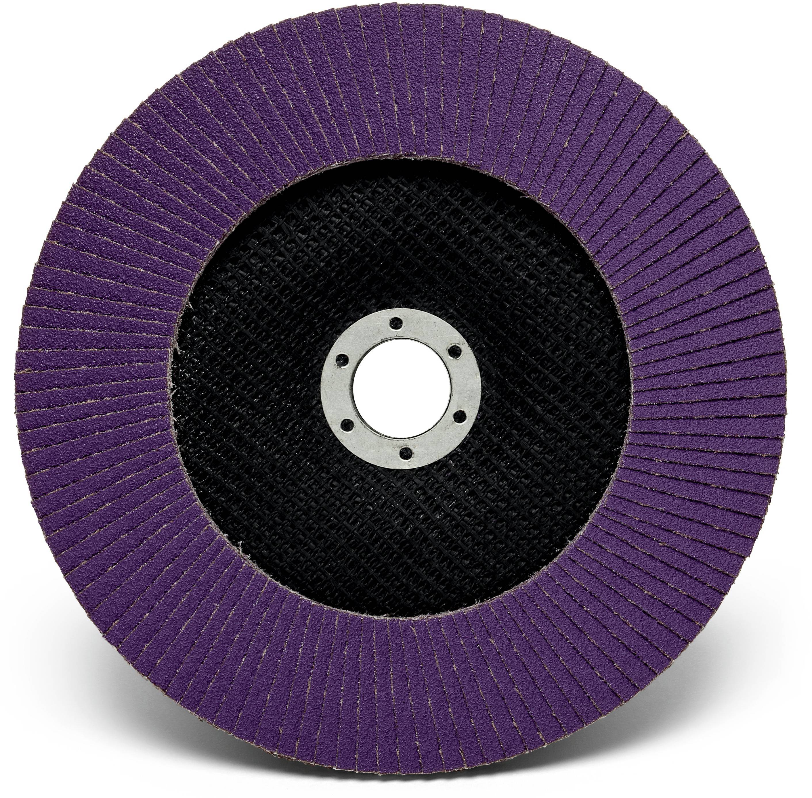 Disque de meulage Lila pour meuleuse d'angle sur fond blanc, surface texturée, trou central pour fixation.