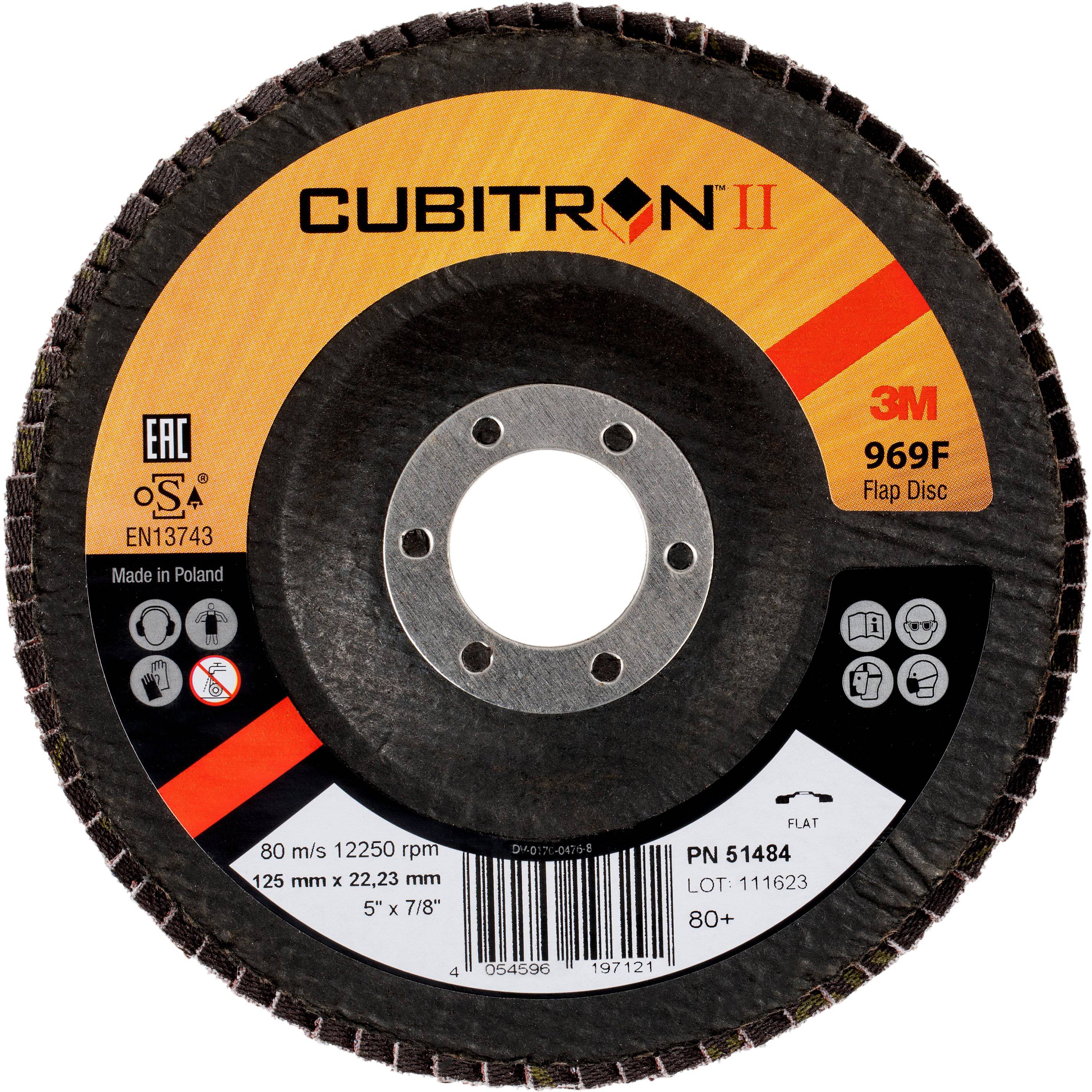Outil : Disque à lamelles 3M Cubitron II, modèle 969F. Vitesse : 80 m/s, 12 250 tr/min. Dimensions : 125 mm x 22,23 mm.
