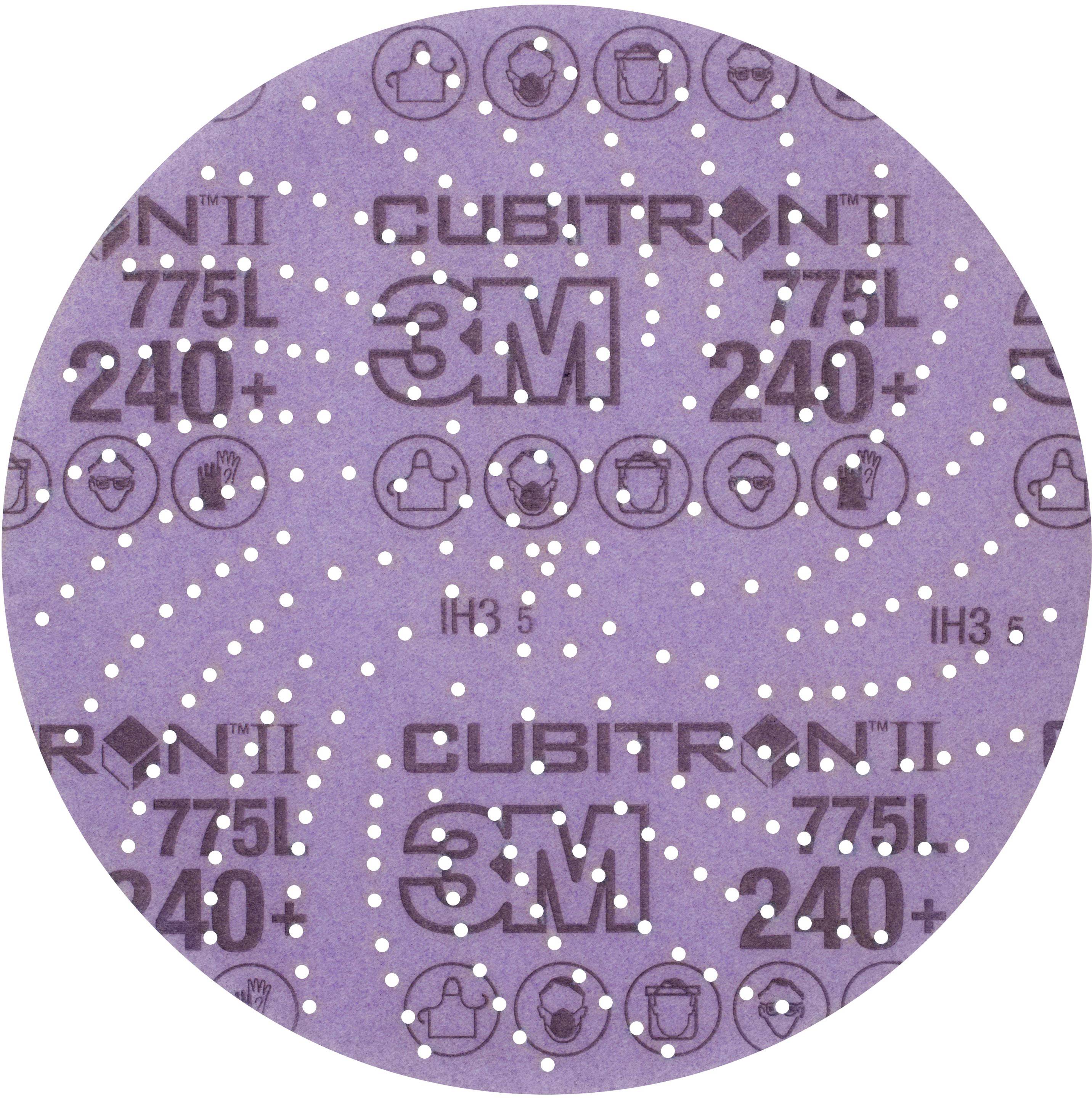 Un papier abrasif violet de 3M portant l'inscription 'Cubitron II 775L 240+'. Il présente des symboles de mesures de protection, tels que des gants et un masque de protection respiratoire.