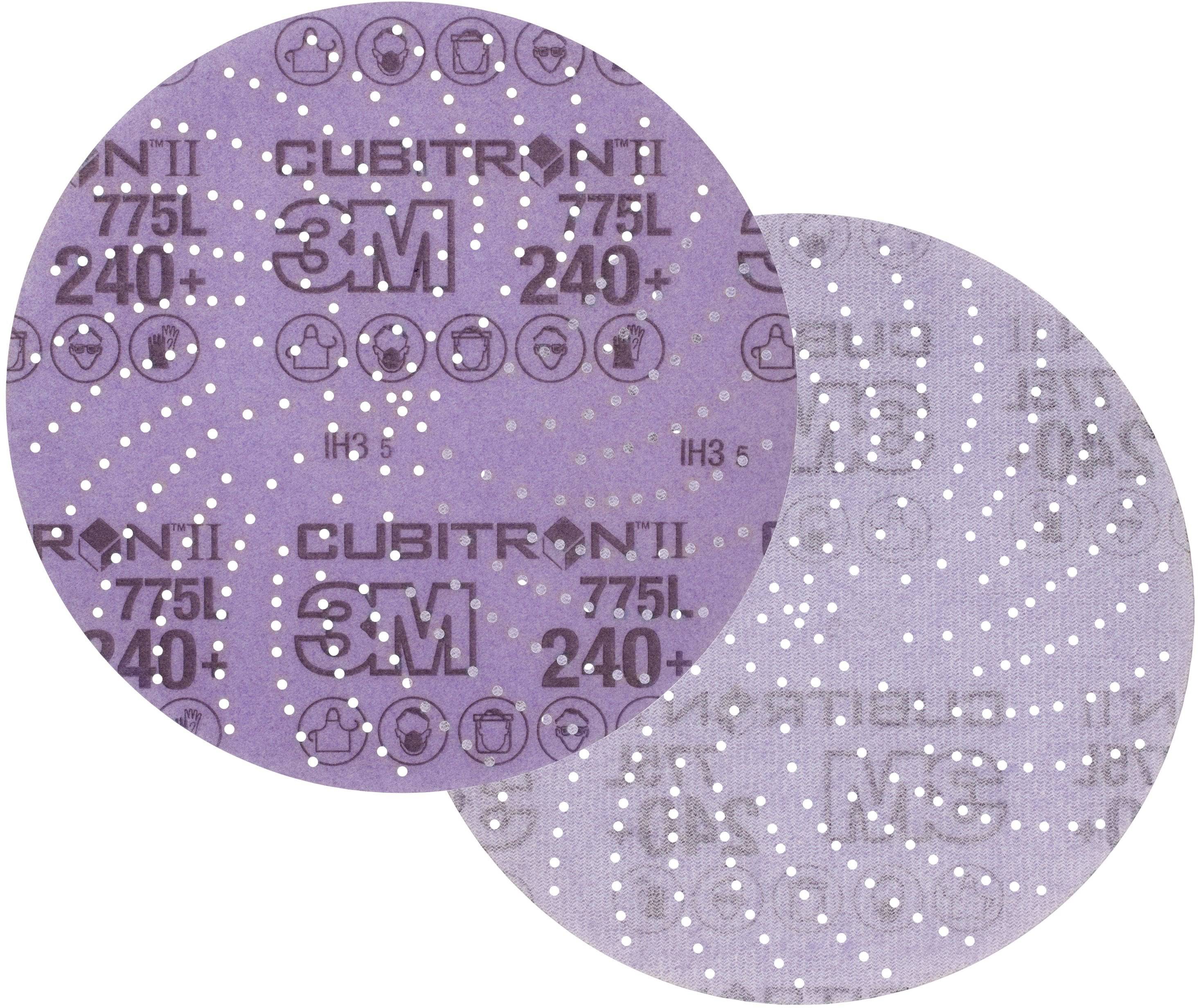 Deux disques de ponçage violets portant l'inscription 'Cubitron II 3M 775L 240+' dans un motif de petits trous. Logo de la marque visible.