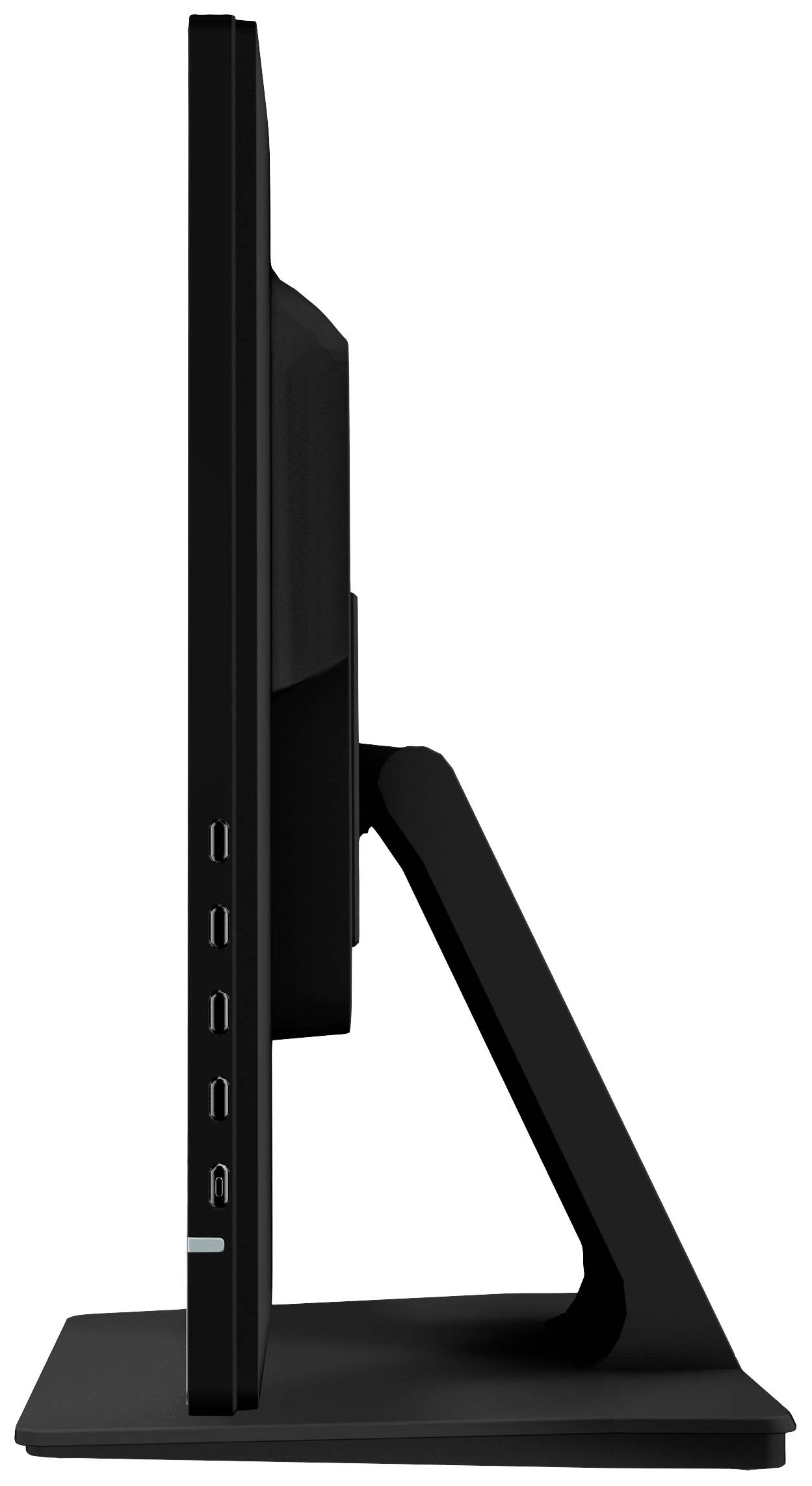 Un moniteur d'ordinateur noir et fin, vu de côté, avec plusieurs ports USB sur le côté du cadre.