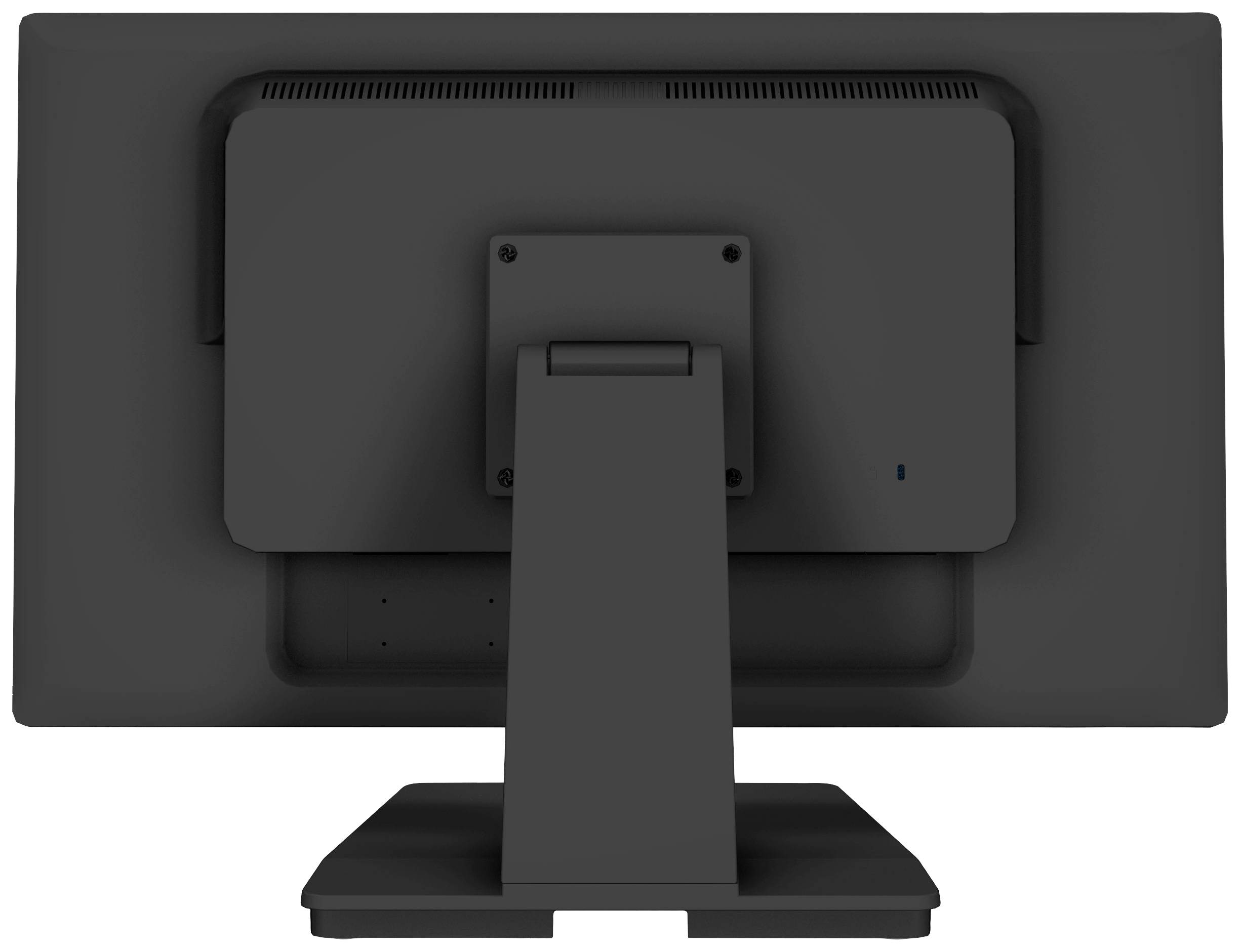 Écran vu de dos avec un socle noir, montrant les fentes de ventilation et les caches de connexion, adapté pour une utilisation bureautique.