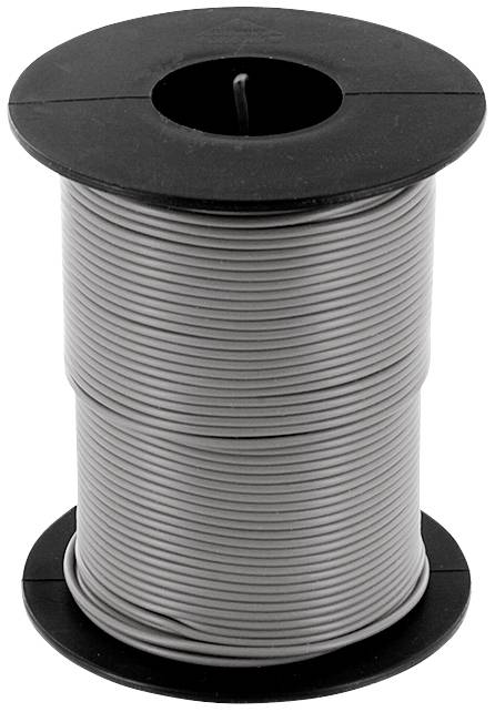 Une grande bobine en plastique noir avec du fil gris est uniformément enroulée. La bobine est droite.