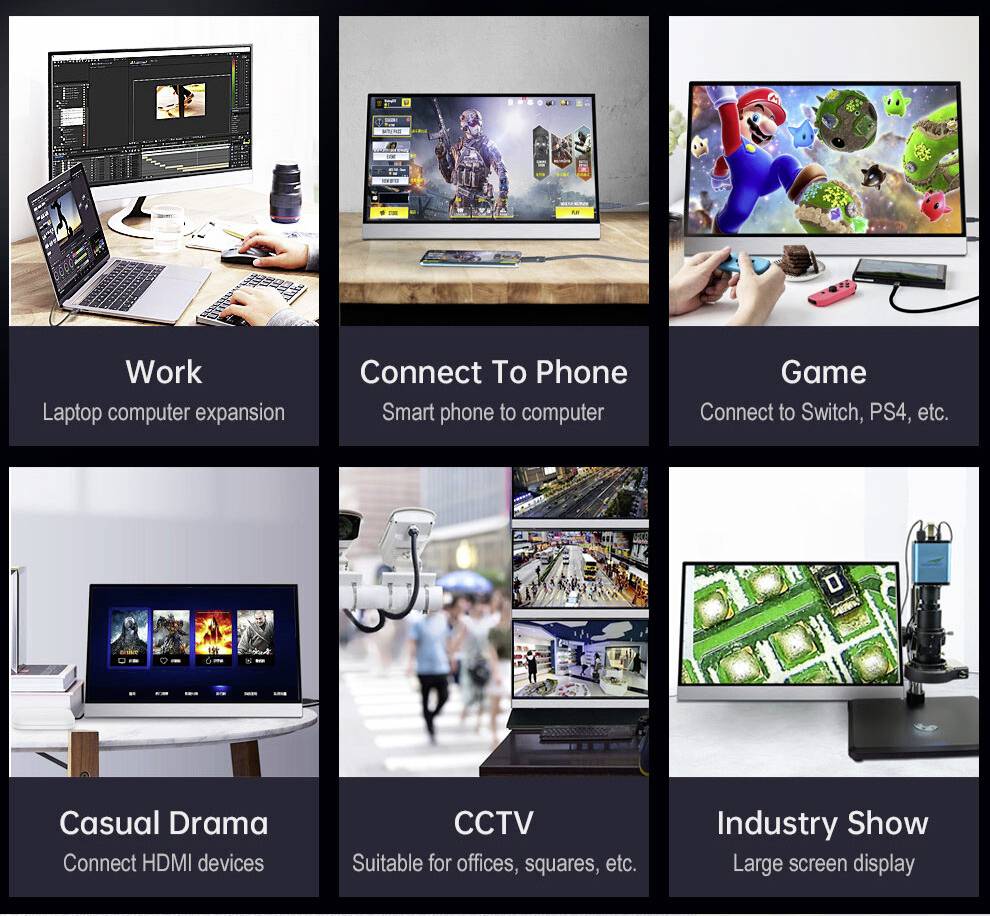 Six images montrent différentes applications d'affichage numérique : travail, connexion téléphonique, jeu vidéo, visionnage de drame, surveillance, indicateur industriel.