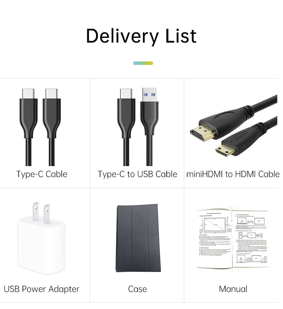 Liste de livraison : Deux câbles de type C, un câble de type C vers USB, un câble miniHDMI vers HDMI, un adaptateur secteur USB, un étui et un manuel.