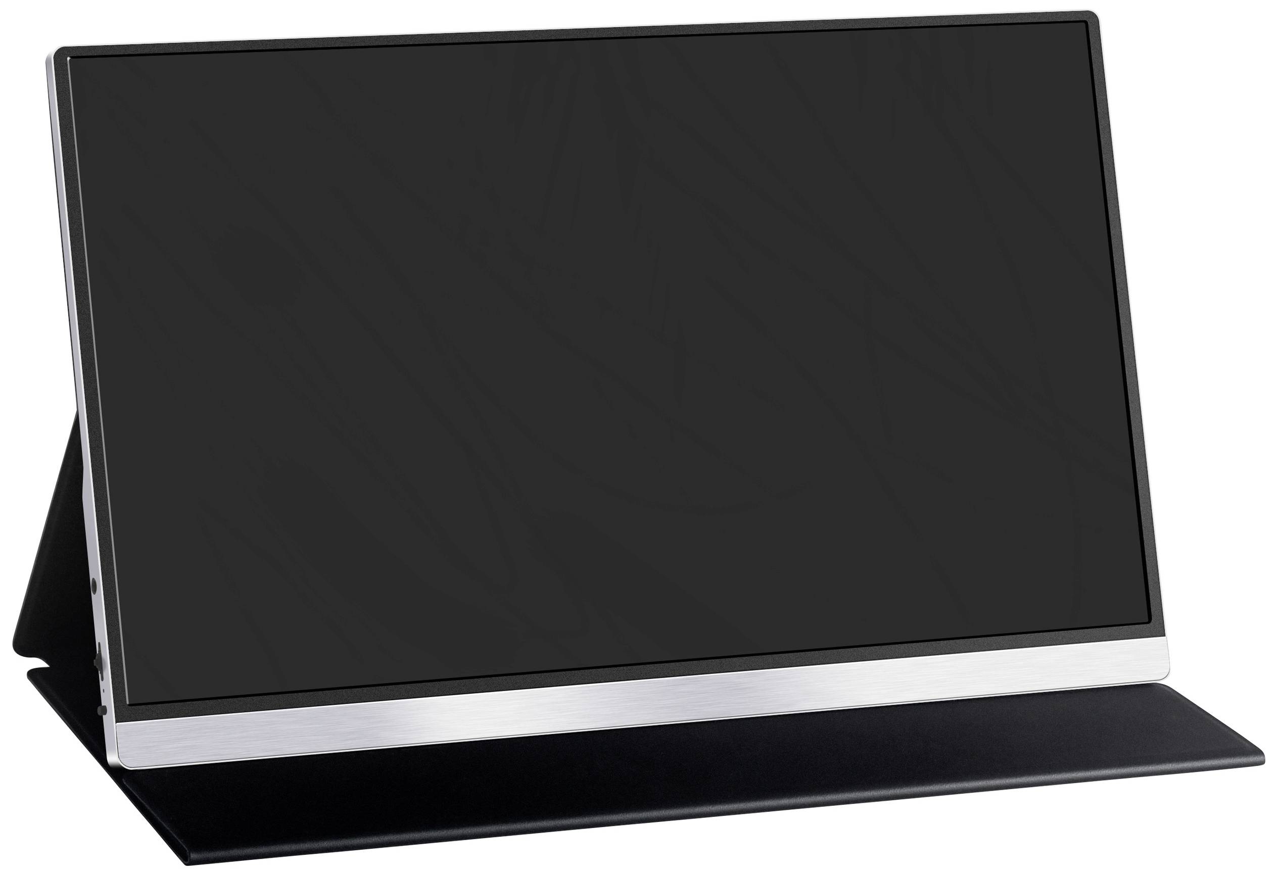 Moniteur portable avec écran noir et cadre argenté, positionné sur un support. Idéal pour les déplacements ou les présentations.