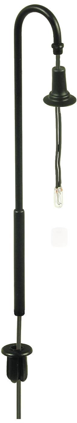Un support de lampe noir et incurvé avec une ampoule apparente le long du câble, adapté aux scènes miniatures ou aux présentations spéciales.