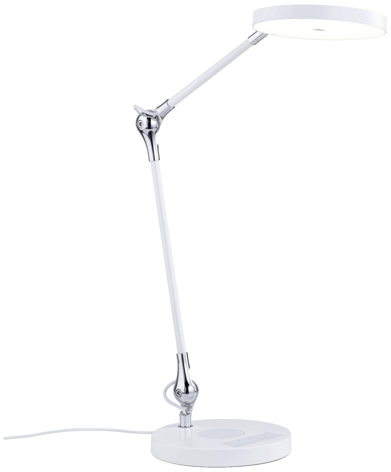 Une lampe de bureau moderne, réglable, en argent, avec une tête d'éclairage ronde et un câble. Idéale pour les espaces de travail et un éclairage direct.