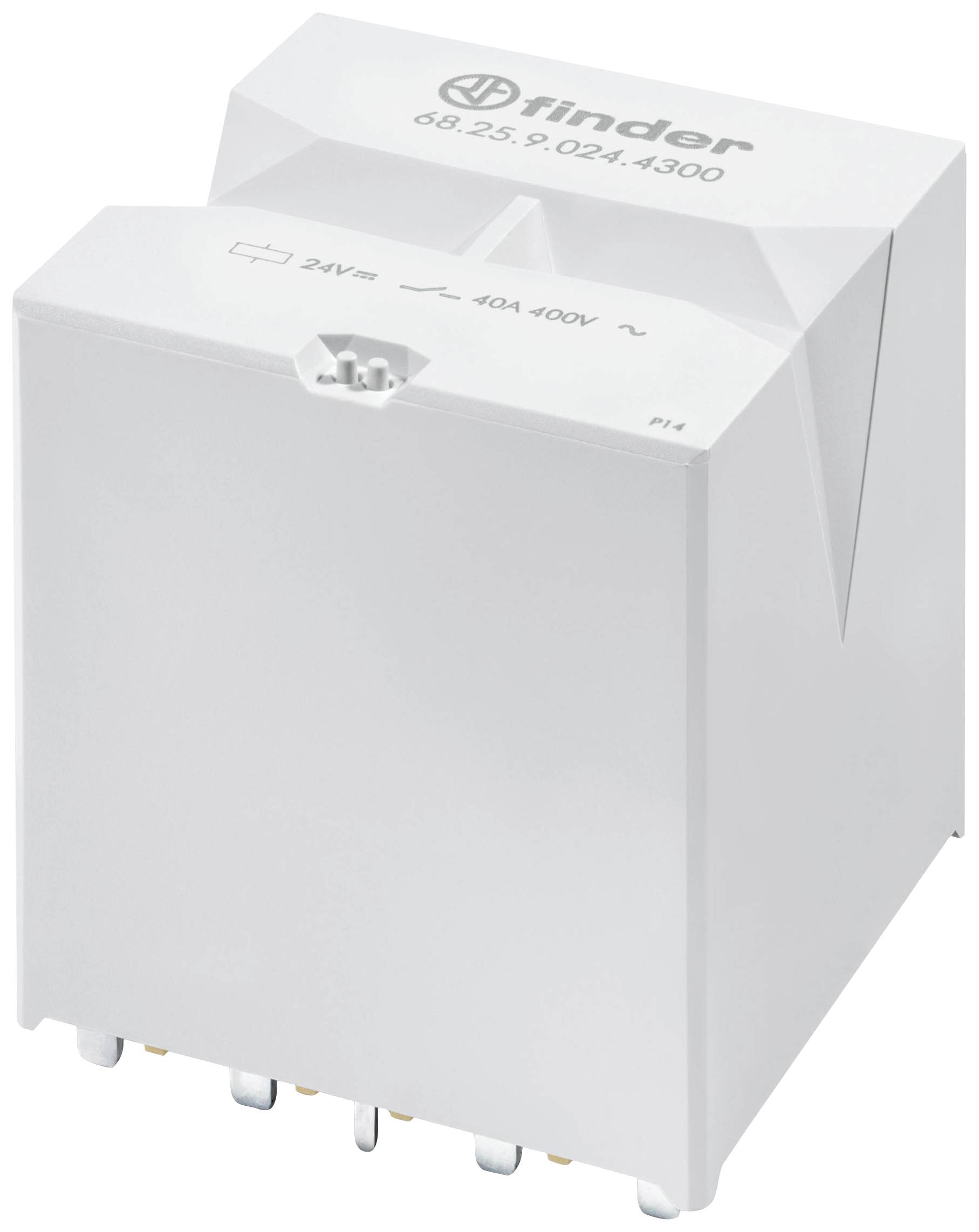 Un relais blanc portant l'inscription 'Finder 68.25.9.024.4300', 24V, 40A, 400V courant alternatif. Il possède plusieurs broches de connexion en bas.
