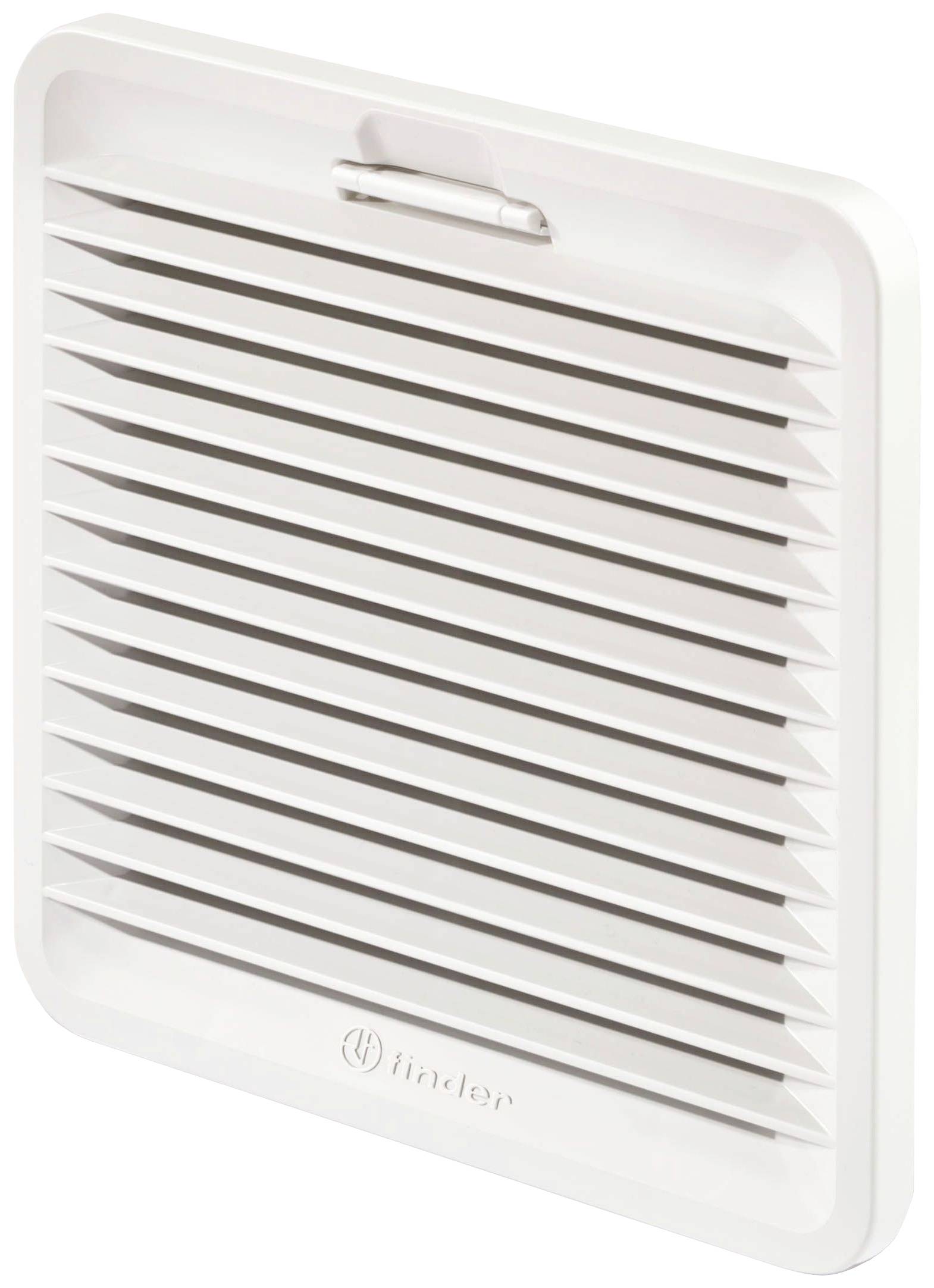 Une grille de ventilation blanche rectangulaire avec des lamelles horizontales.