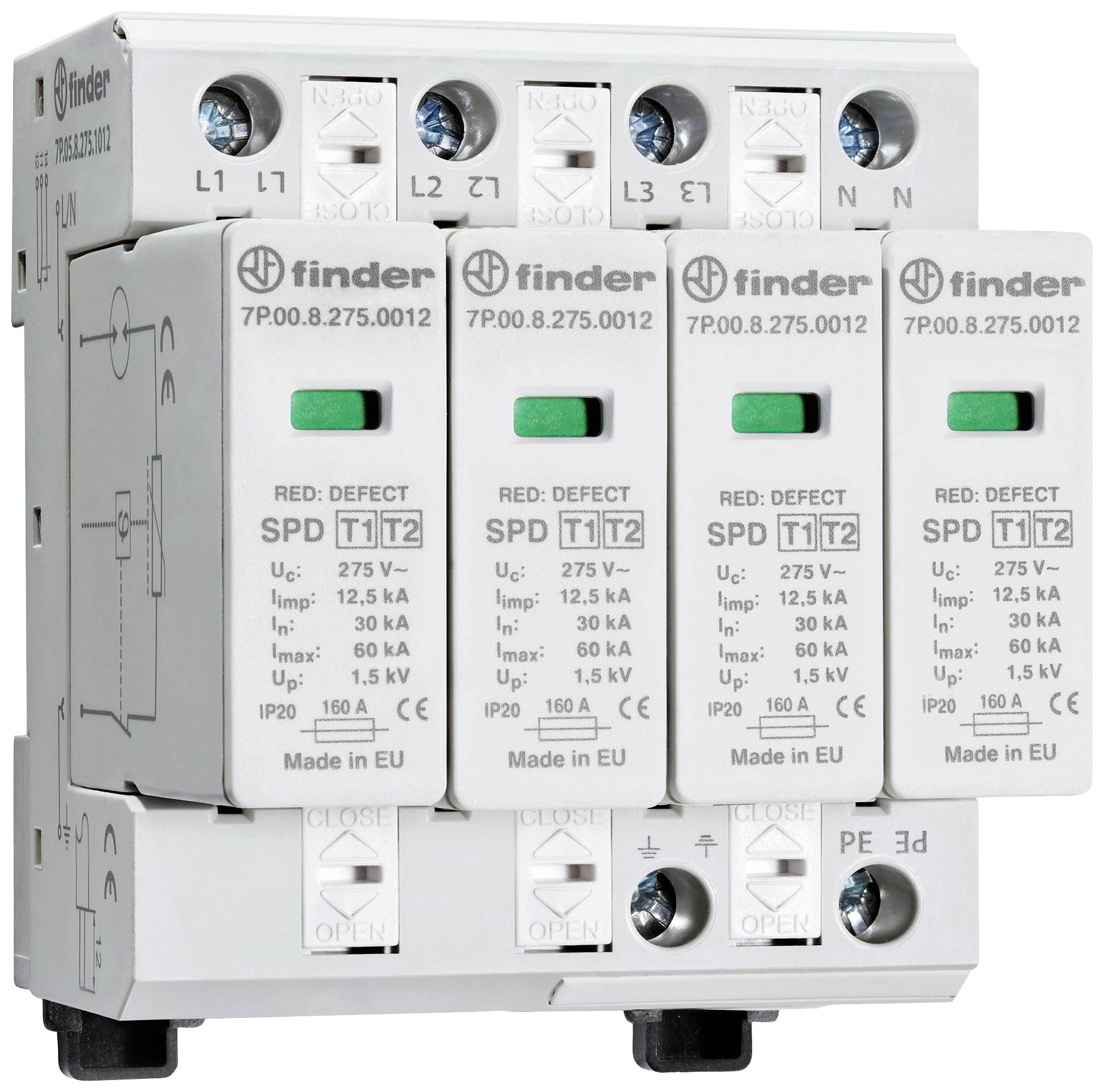 Un parafoudre tétrapolaire pour la protection des installations électriques, équipé d'un poste de déclenchement et de plusieurs détails techniques.