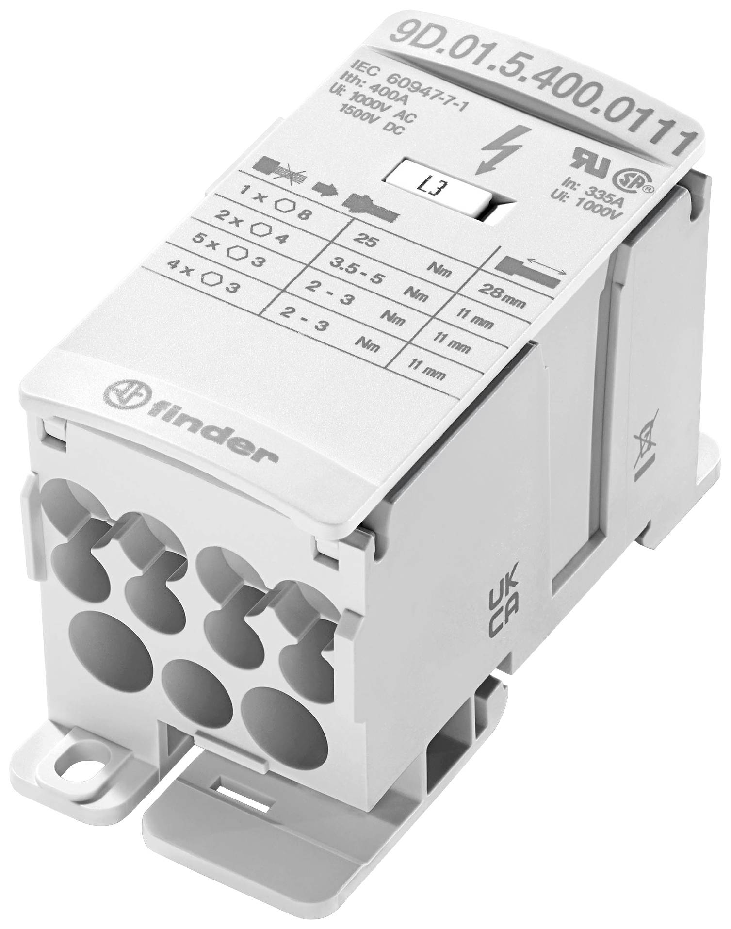 Un relais électrique portant l'inscription 'finder' et des spécifications techniques sur la partie supérieure, boîtier blanc avec plusieurs ouvertures de connexion.