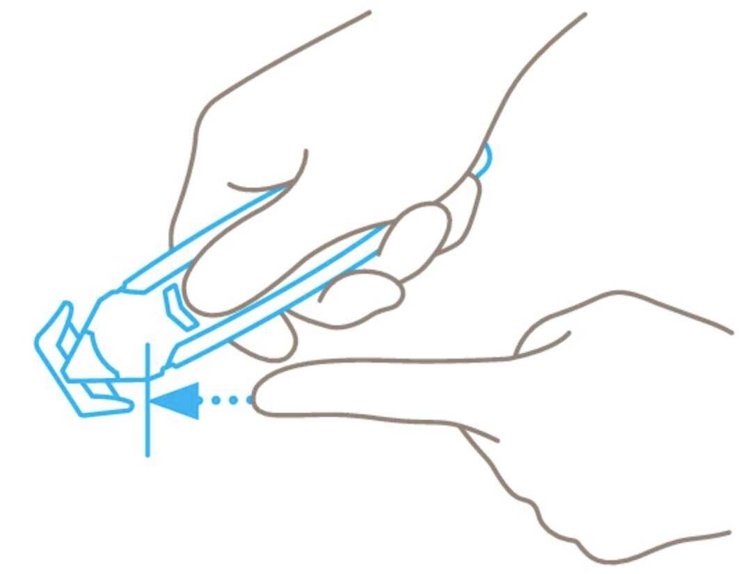 Le diagramme montre des mains utilisant un dispositif pour piquer un doigt. Une flèche pointe vers l'endroit du doigt où la piqûre est effectuée.