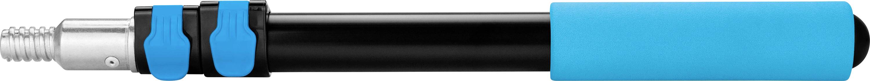 Perche à selfie noire avec poignée bleue et deux clips bleus.