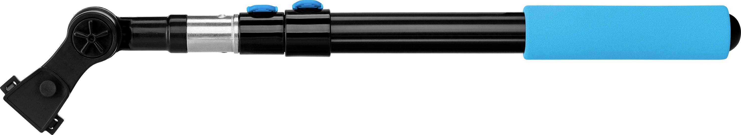 Un bâton à selfie télescopique extensible avec une poignée bleue et une tige télescopique noire.