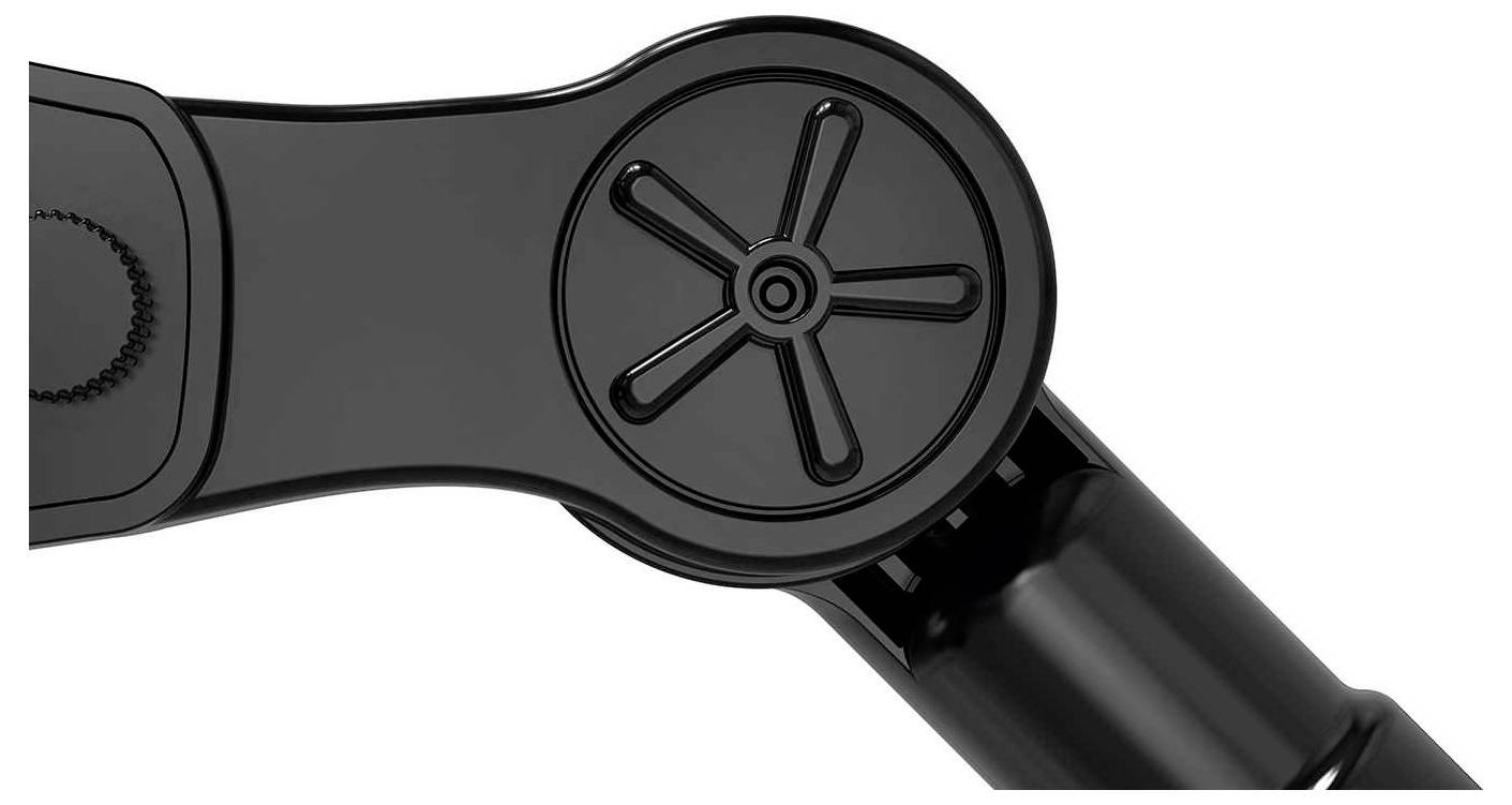 Gros plan d'une articulation noire avec un motif radial sur une tige métallique, faisant partie d'un mécanisme réglable pour le design de meubles.