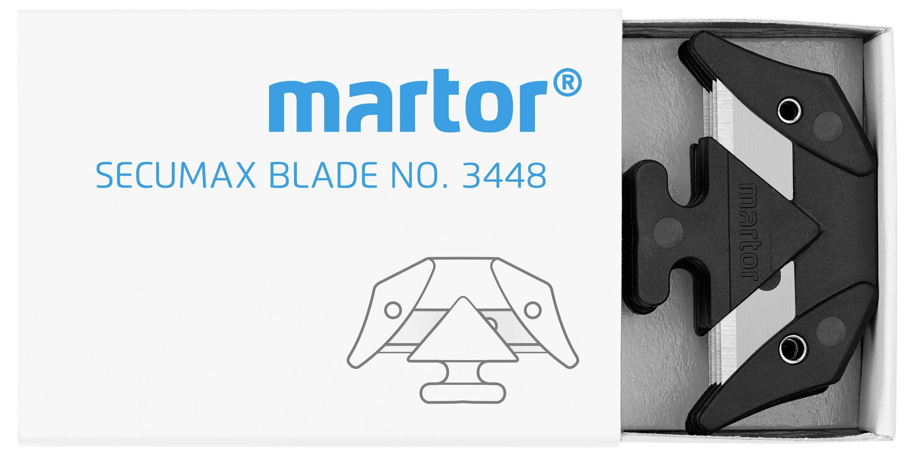 Boîte ouverte contenant un jeu de lames de sécurité 'SECUMAX BLADE NO. 3448' de Martor, présentée sur un fond blanc.