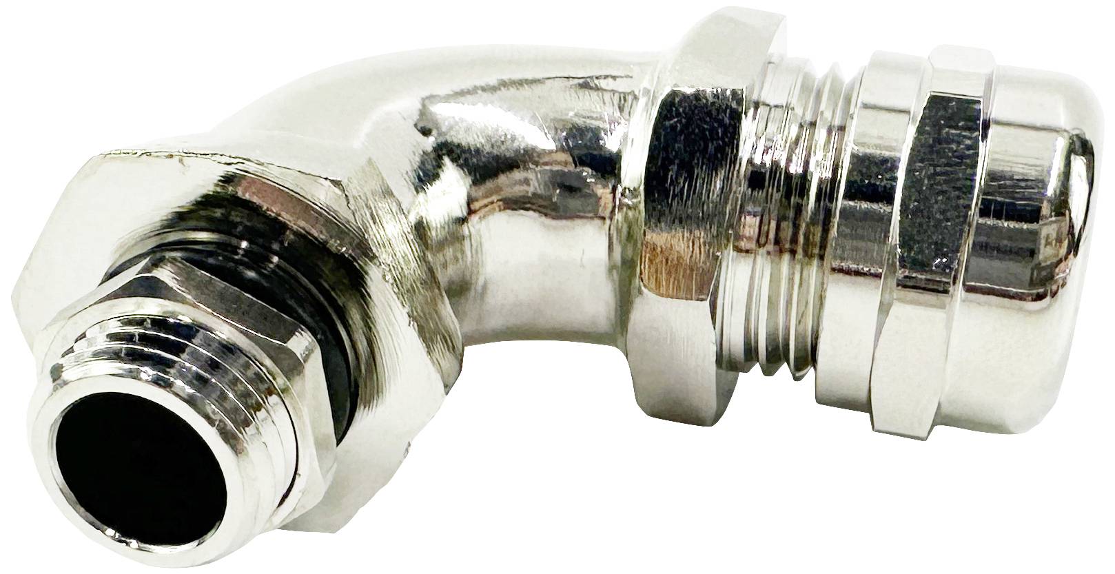 Connecteur angulaire métallique à 90 degrés avec filetage, utilisé dans les systèmes de tuyauterie pour liquides ou gaz.