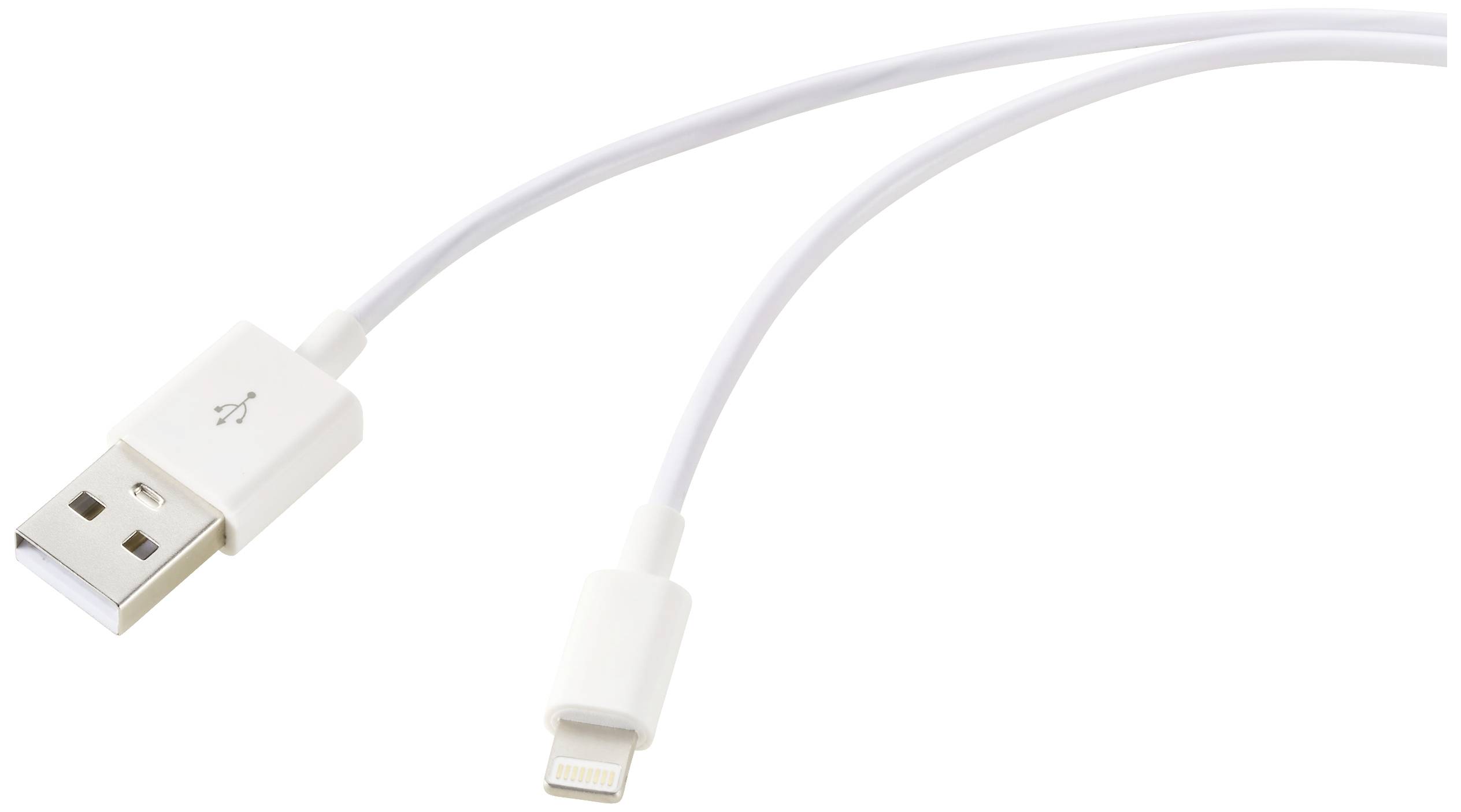 Un câble USB blanc avec une fiche USB-A d'un côté et une fiche Lightning de l'autre.