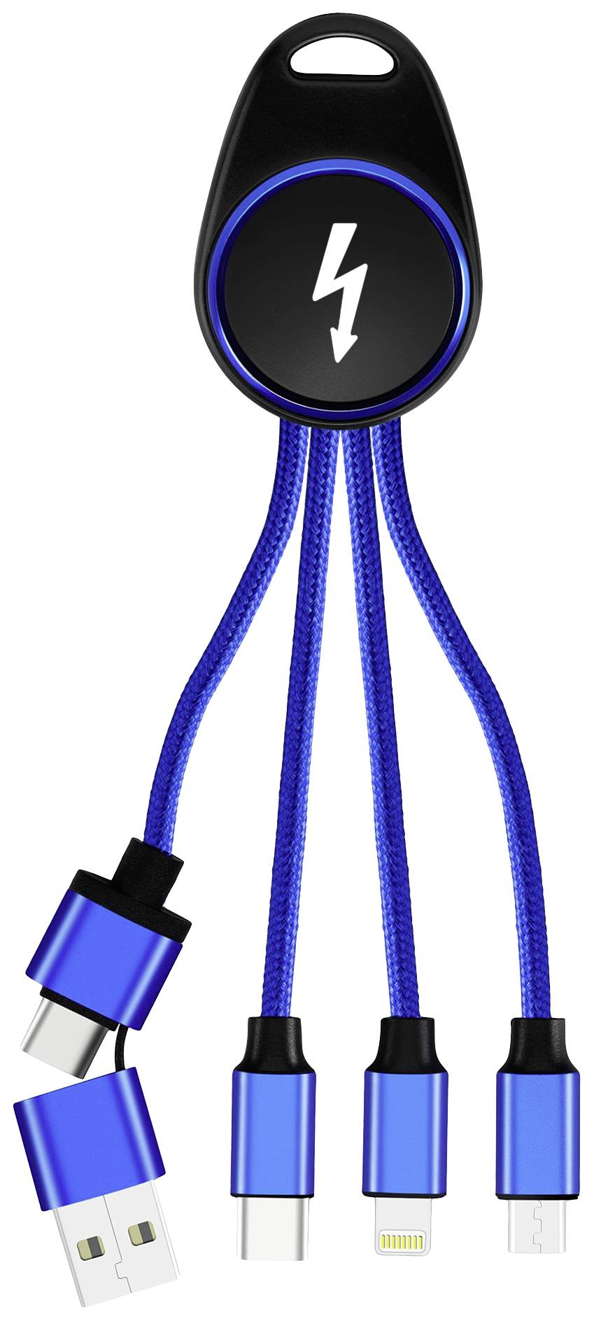 Câble de charge multifonction avec trois connexions bleues pour USB, Lightning et USB-C. Adapté à différents appareils.