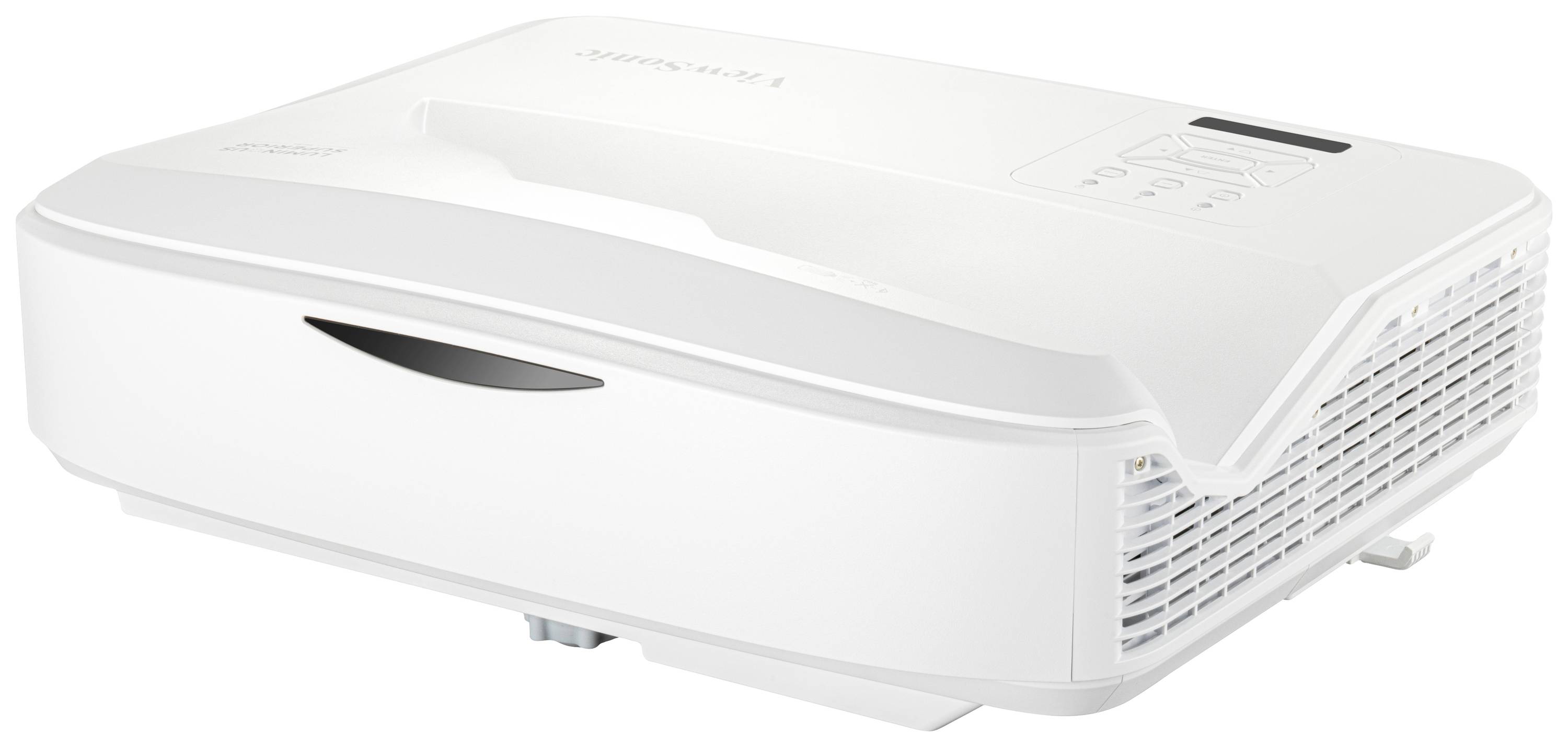 Un projecteur blanc avec des fentes de ventilation et des touches de commande sur le dessus, adapté aux présentations ou au cinéma maison.