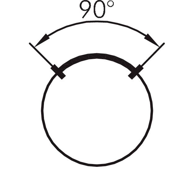 Diagramme d'un cercle avec un arc de cercle voûté mesurant 90 degrés. Deux flèches indiquent la direction de l'arc.
