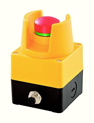 Un bouton d'arrêt d'urgence rouge sur un boîtier jaune et noir avec une prise de connexion.