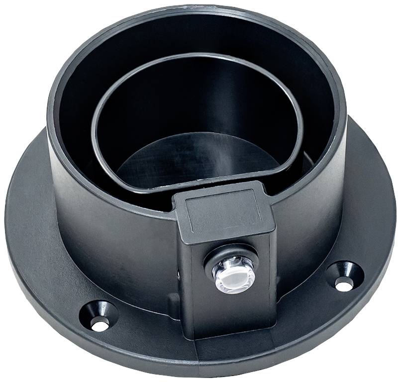 Support de sol rond en plastique noir avec des trous de vis, adapté pour la fixation de barres ou de tubes.
