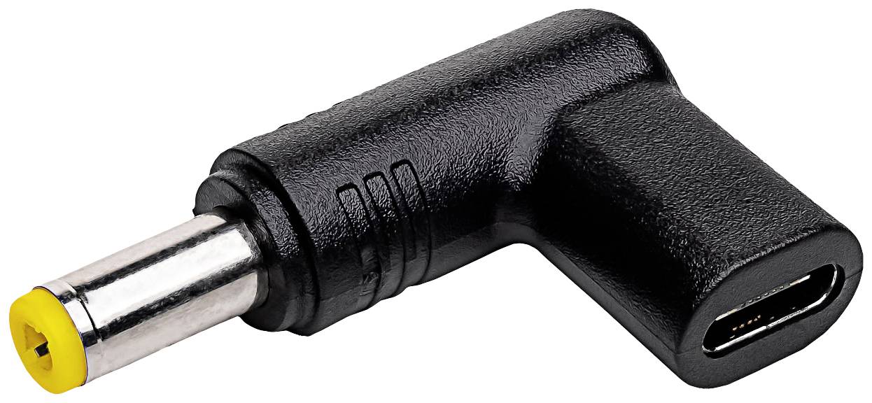 Un adaptateur noir avec une extrémité jaune, qui connecte un connecteur DC (jack creux) à un port USB. Principalement utilisé pour les câbles de charge ou les blocs d'alimentation.