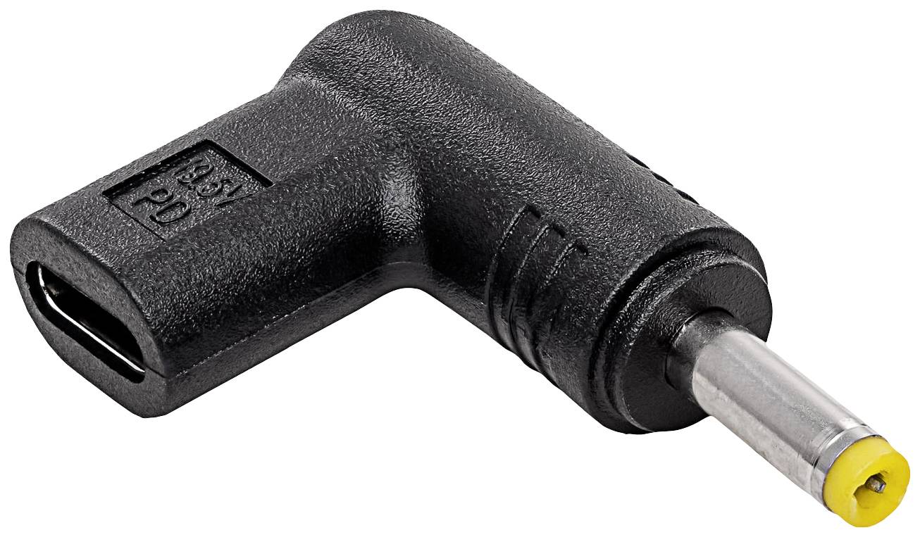 Adaptateur avec un port USB-C d'un côté et une prise femelle à broche creuse de l'autre, de forme coudée en L.