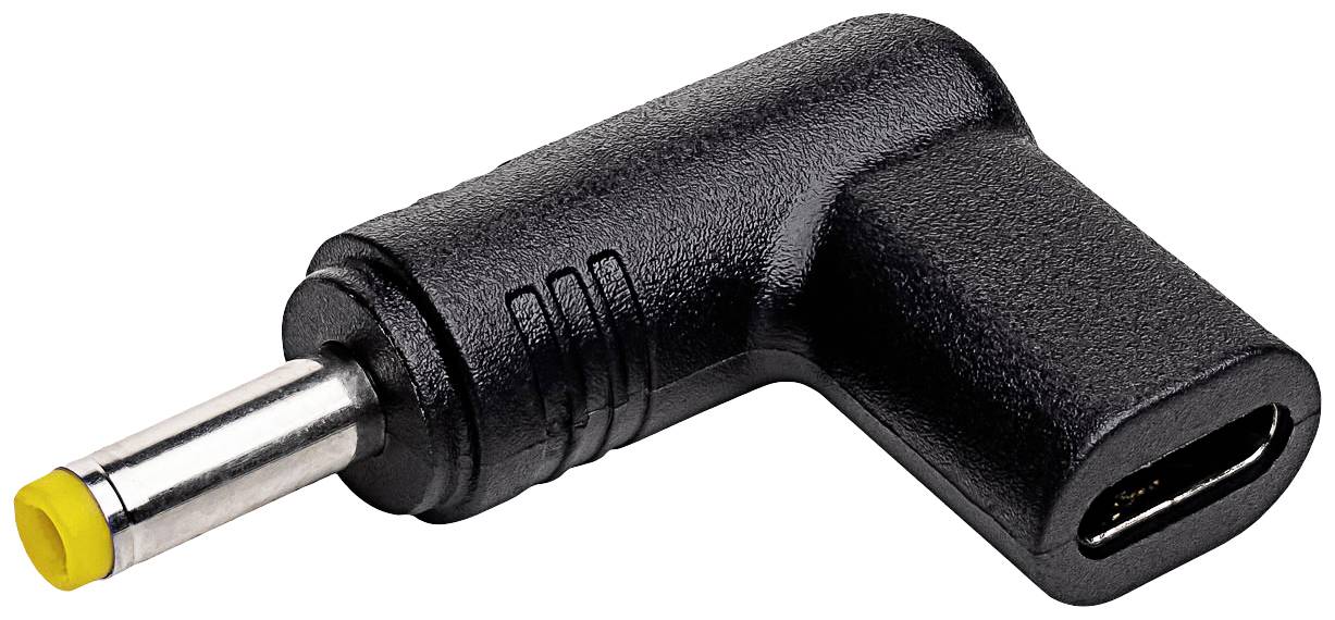 Un adaptateur secteur DC noir à 90 degrés avec embout jaune et connecteur USB-C, adapté aux accessoires électroniques.