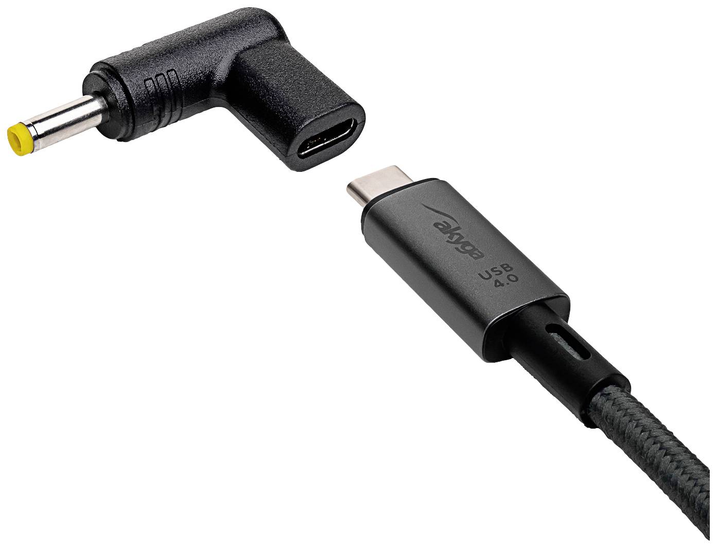 Un câble d'alimentation USB-C vers DC. À gauche, une prise DC, à droite, une fiche USB-C.