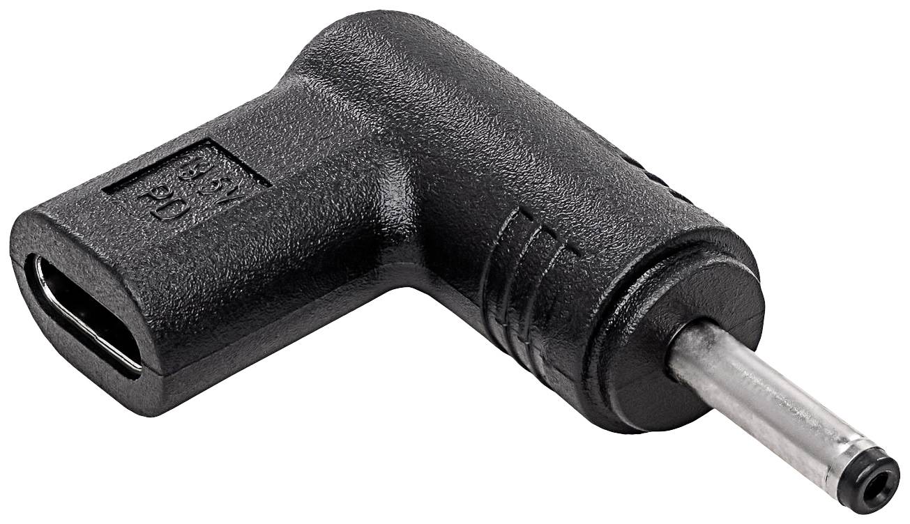 Un adaptateur noir à 90 degrés avec une prise USB-C et une connexion ronde.