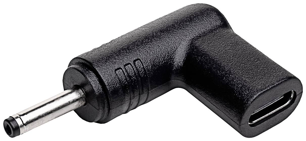 Un adaptateur noir à 90 degrés avec une fiche ronde d'un côté et un port USB de l'autre, en gros plan.