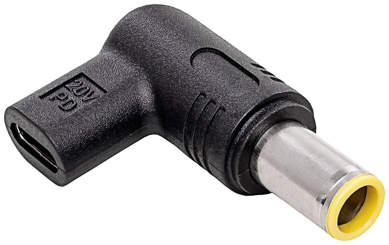 Un adaptateur noir avec entrée USB-C-PD et connecteur rond, typiquement utilisé pour alimenter des ordinateurs portables ou d'autres appareils.