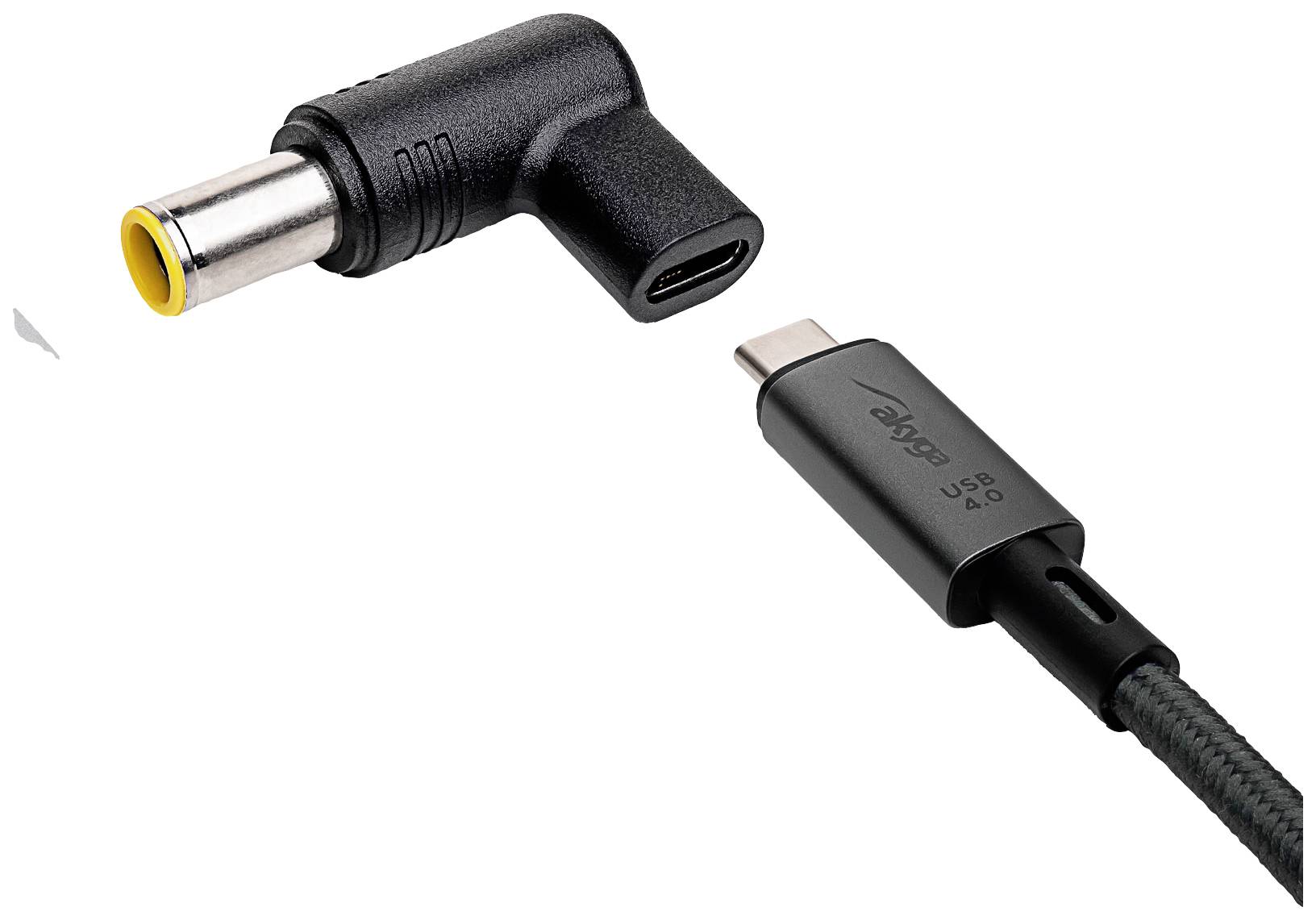 Un câble USB-C noir avec le logo eOne à côté d'une fiche DC coudée avec un bord jaune, montrant tous deux leurs extrémités de connexion.