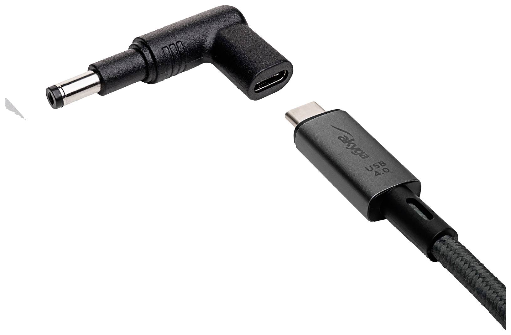 Câble adaptateur USB-C vers courant continu à angle droit présente une fiche USB-C et une fiche d'alimentation CC à angle droit pour la connexion d'appareils.