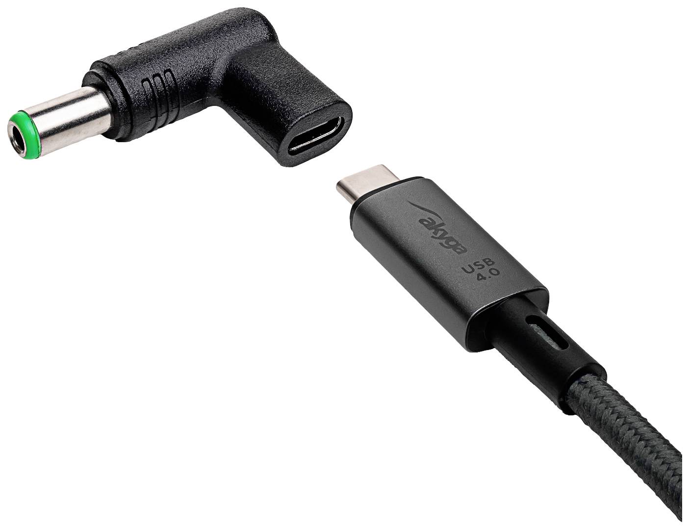 Un adaptateur noir avec USB-C et fiche à 90 degrés, présenté sous deux perspectives : vue du dessus la fiche, vue du dessous la connexion USB-C.