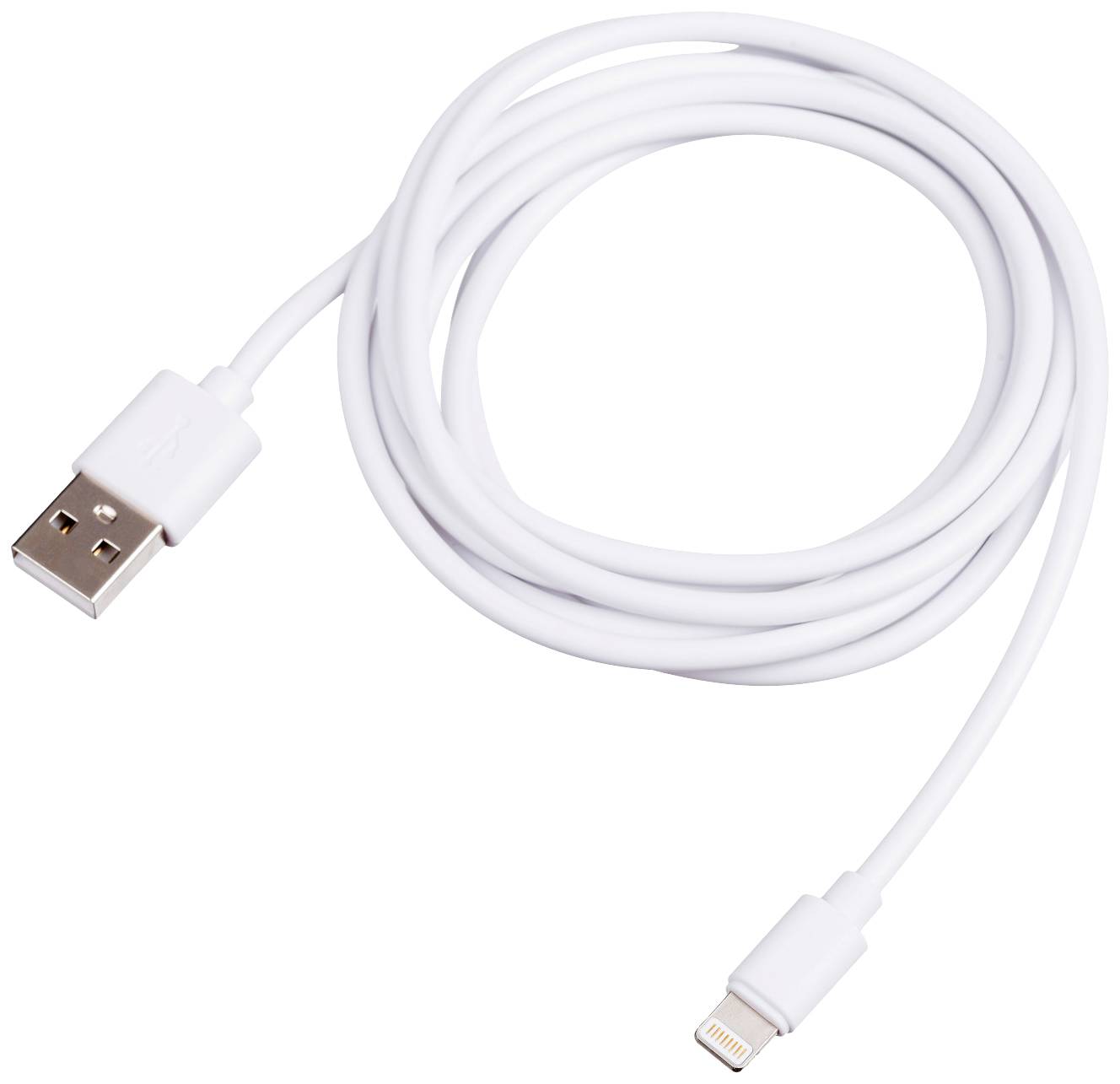 Un câble USB blanc avec une connectique USB-A d'un côté et une connectique Lightning de l'autre.