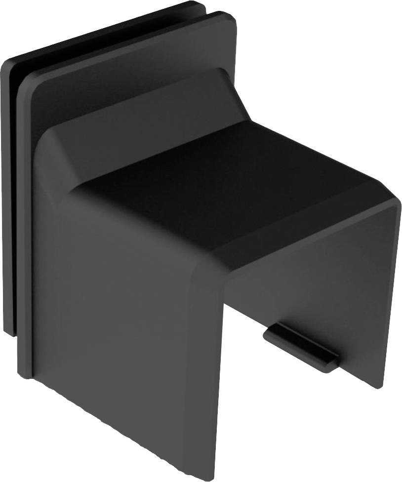 Pièce rectangulaire en plastique noir, avec un profil en U ouvert. Peut servir de capuchon ou de couvercle pour un dispositif technique.