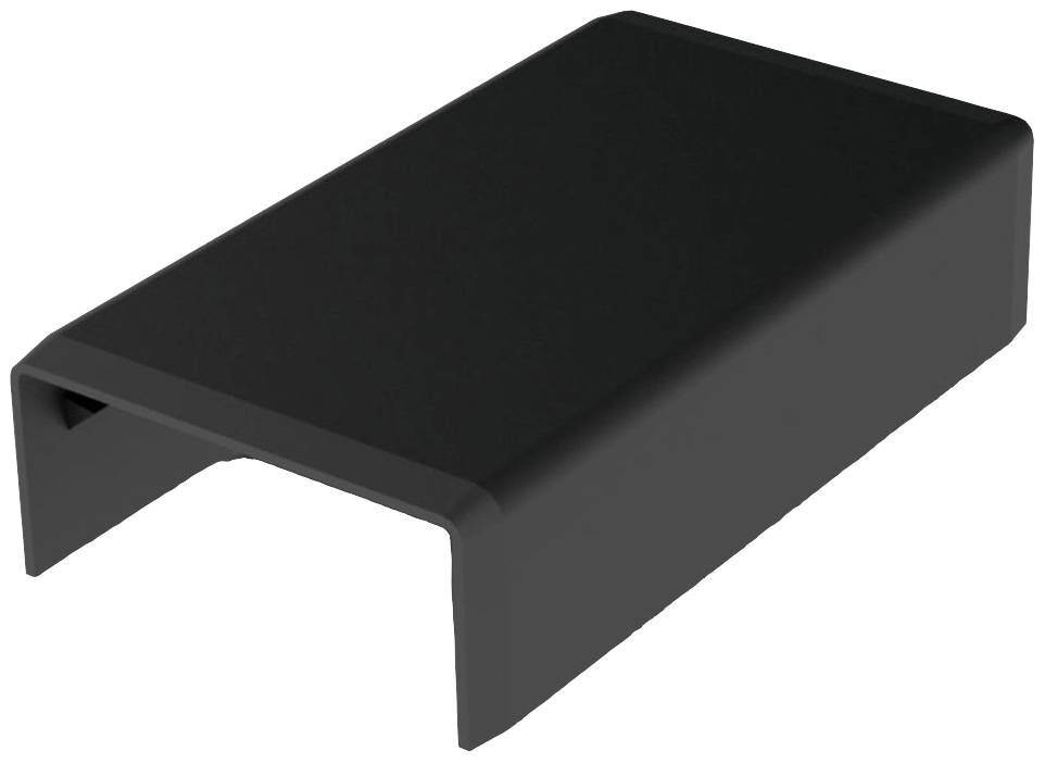 Un élément rectangulaire en plastique noir avec une base incurvée, qui pourrait servir de composant de protection ou de couverture.