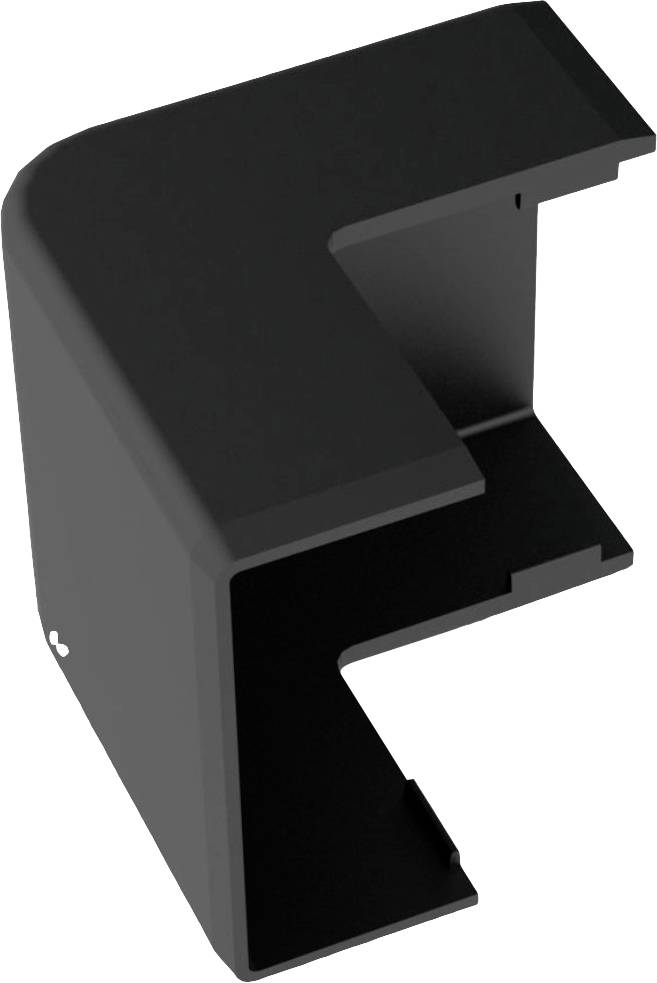 Pièce en plastique noir en forme de L avec des côtés ouverts, probablement conçue comme un capot ou une protection pour un angle.