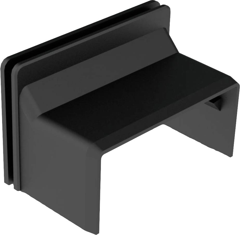 Pièce en plastique noir en forme de L avec une découpe rectangulaire et une surface lisse, probablement un élément de boîtier ou de protection.