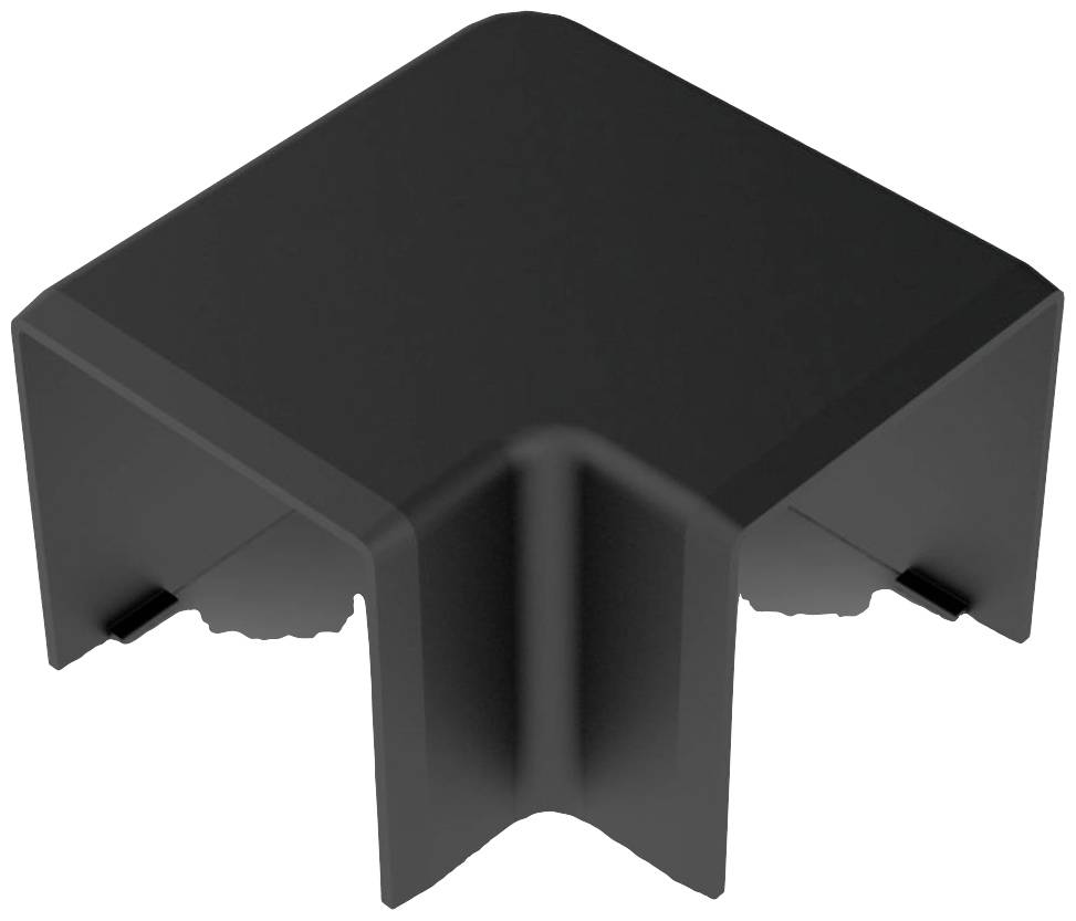 Équerre en plastique noir, coudée à angle droit, adaptée pour une utilisation comme élément de liaison dans les constructions de bâtiment ou de mobilier.