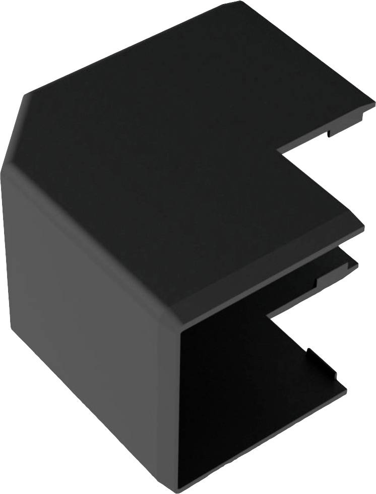 Objet en plastique noir en forme de L, comportant une encoche sur sa face inférieure.