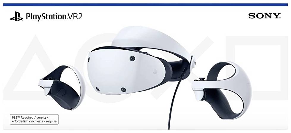 Casque PlayStation VR2 avec deux manettes, blanc et noir. Logo de Sony en haut à droite. Mention : 'PS5 requise'.